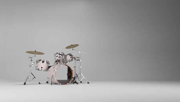 Modern drumset. Drums and cymbals construction on white studio background. Collection of percussion instruments. Rock music concert design element