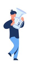 Musician with trumpet. Cartoon walking trumpeter. Character holding musical instrument. Cute man playing in parade or orchestra. Isolated male with silver metal horn. Vector minimalist illustration
