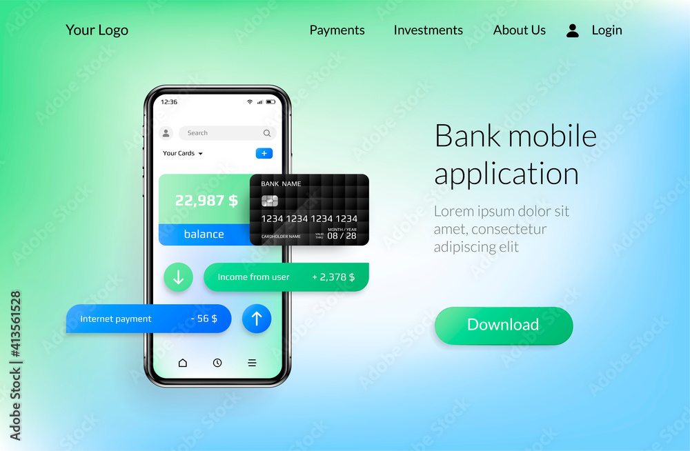 Poster Banking app landing page. Mobile payment and financial account, smartphone UI mockup for online bank application. Vector realistic website interface design with copy space and button for download