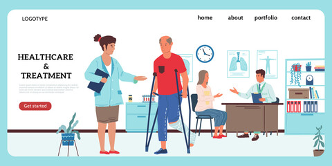 Doctor in hospital landing page. Health care and treatment. Website UI for clinic. Medical online service for making appointment with medics. Vector interface design with copy space and place for logo