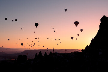 Hot Air Ballooning over the Cappadocia Plains, Anatolia, Turkey, at dawn