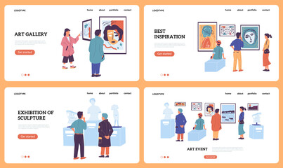 Fototapeta na wymiar Art gallery landing page. Museum and modern exhibition of sculptures. Website interface design mockups. Online excursion and ticket selling. Web service for tourists and visitors. Vector templates set