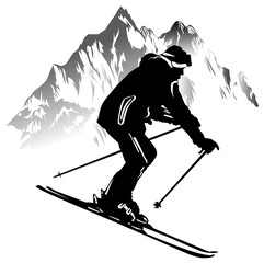 Black and white image of a skier on a background of mountains
