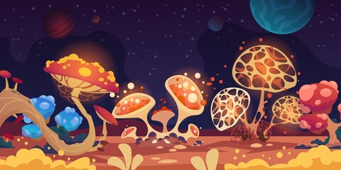 Fototapeta na wymiar Alien landscape. Fantasy space background with colorful monster mushrooms, magic game flora. Fantastic glowing grebes and dark night sky with planets or stars. Vector scary extraterrestrial scenery
