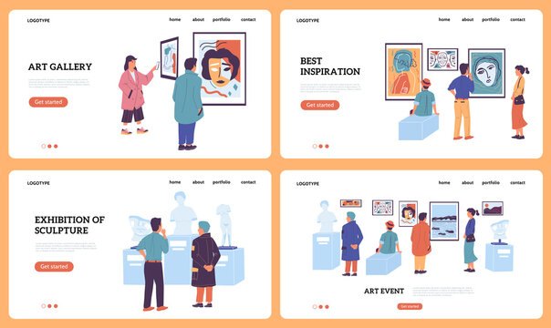 Art gallery landing page. Museum and modern exhibition of sculptures. Website interface design mockups. Online excursion and ticket selling. Web service for tourists and visitors. Vector templates set
