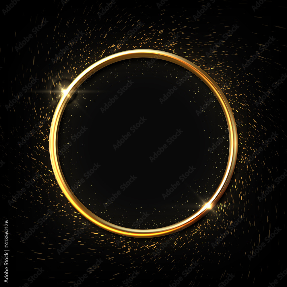 Poster golden ring background. circle award frame with sparkle light effects, shiny metal shape design. top
