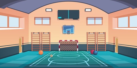 Cartoon school court. Gym with basketball basket and football goal or gymnastic equipment. Comfortable playground for playing active games and training. Vector gymnasium sport hall for kids workout © SpicyTruffel