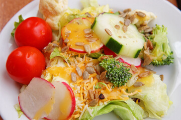 green side salad with cheese dressing close up