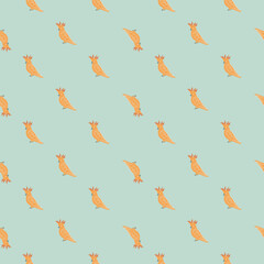 Abstract little animal bird seamless pattern with doodle orange parrot cockatoo shapes. Blue background.
