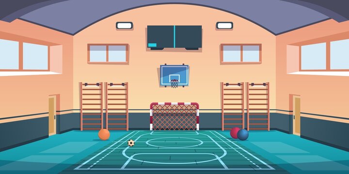 Cartoon school court. Gym with basketball basket and football goal or gymnastic equipment. Comfortable playground for playing active games and training. Vector gymnasium sport hall for kids workout