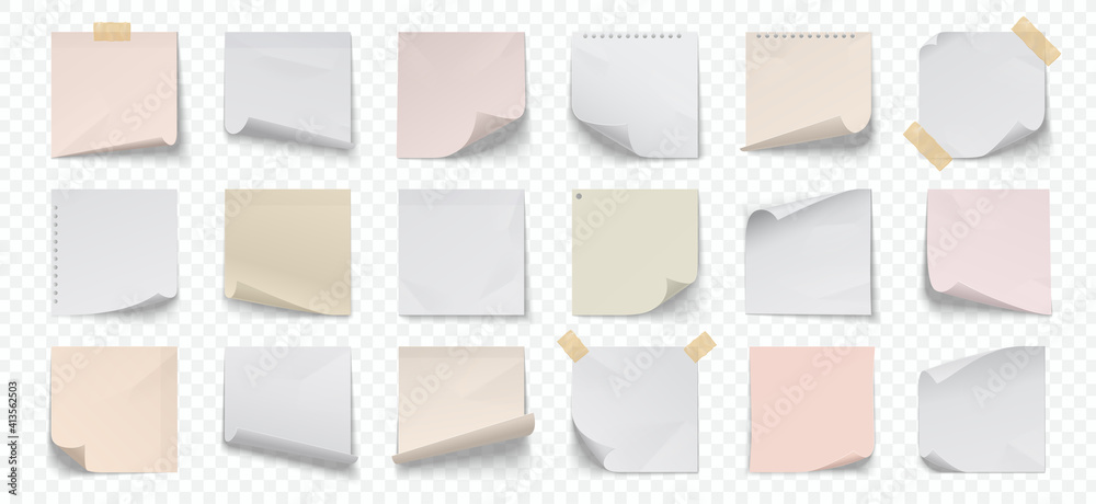 Poster Paper note. Realistic pinned notepad pages for writing memos. Reminders glued on adhesive tapes. Blank sheets with folded edges and copy space. Vector isolated stickers set on transparent background