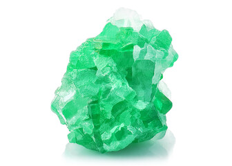 Fototapeta premium Amazing closeup macro of natural raw Emerald rough mineral stone on white background. High quality photo of green Emerald gemstone crystal for jewelry