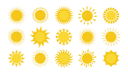 Doodle Sun. Hand drawn simple graphic circle solar elements collection, sunshine round symbols. Yellow silhouette for design and logo, vector sunny weather symbol isolated on white background set