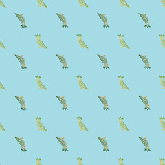 Jungle animals seamless pattern with green bird cockatoo ornament. Blue background. Bright cartoon print.