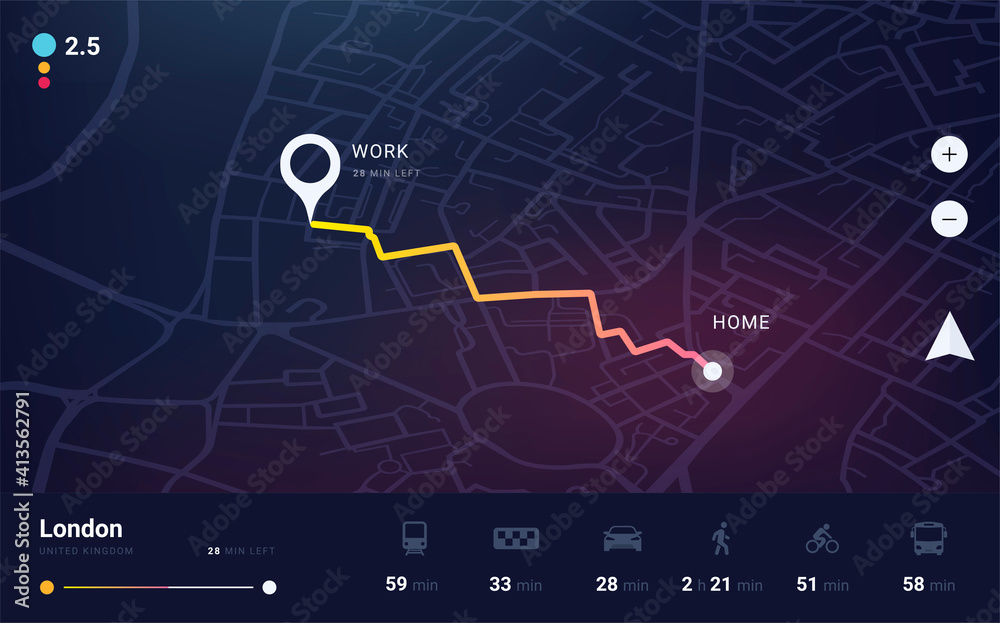 Aufkleber GPS track. City map application with navigation UI. Tracking path and route planning from home to office. Determining location on the plan of London. Vector dashboard interface template with buttons