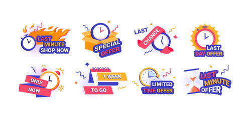 Time banners. Limited promo badges. Countdown of week or days and hours until end of special offer. Last chance to take part. Memphis style stickers with minimal elements and lettering, vector set