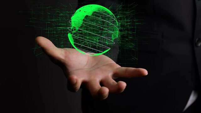 Human hand holding earth globe holographic technology . Futuristic visualization for virtual reality and augmented reality .