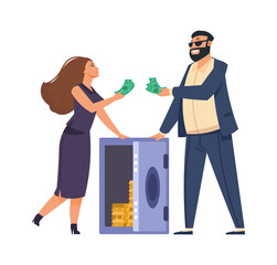 Rich people. Cartoon happy man and woman with metal safe full of money. Secure storage of gold bars and cash. Profitable investment or bank deposit. Isolated wealthy businessman, vector illustration