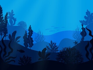 Fototapeta na wymiar Underwater seabed. Deep ocean seascape. Hilly undersea bottom with growing seaweed and swimming fish. Blue marine scenery. Aquatic ecosystem with water animals and plants. Vector seascape illustration