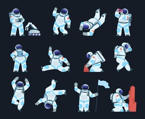 Astronaut. Cartoon spaceman in different poses. Isolated cosmic explorer wears spacesuit and helmet. Cute cosmonaut takes soil samples or explores surface with space robot. Vector spacewalk scenes set © SpicyTruffel