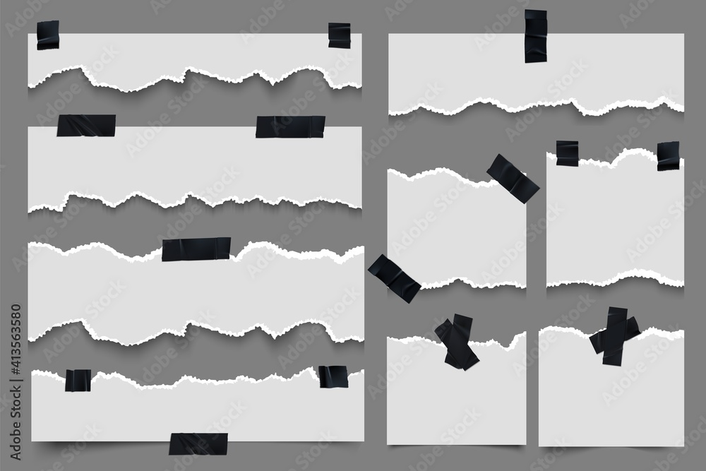 Fototapete Torn paper notes with adhesive tape. Ripped strips collection glued on sticky black ribbons. Blank notebook sheets with curved borders. Realistic shreds of notebook pages. Vector memo template set