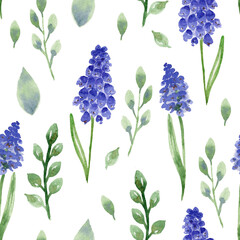 Watercolor seamless pattern with spring flowers and branches