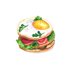 watercolor illustration fried eggs sandwich with herbs, tomatoes and bacon
