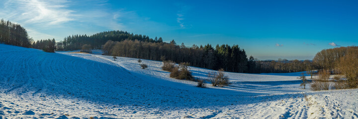 Winter landscape at the Odenwald near Lampenhain in Germany.