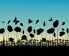 blumenwiese, silhouette, sonnenaufgang, vektor, natur, blume, gras, klee, blatt,  abbildung, landschaft, abstrakt, pflanze, floral, sommer, feld, falter, vektor, grafik, element, schatten, schwarz