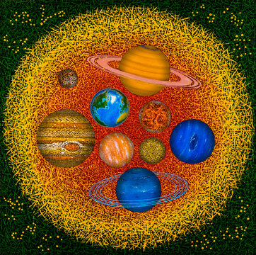 Solar System in the form of a bird's nest. The solar system as a nest, a top view. The sun is a nest, the planets are eggs. Around other nests - stars, constellations - signs of the zodiac.