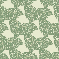Vintage botanic goliage seamless pattern with doodle monstera silhouettes. Grey background. Random print.