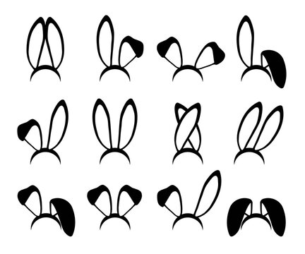 Rabbit ears silhouettes vector illustrations set. Easter bunny ears kid headband, mask collection. Hare costume contour cartoon element. Photo editor, booth, video chat app black isolated cliparts.