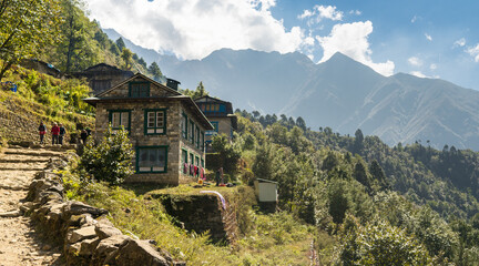 old house in the mountains, guesthouse on the trek in Nepal, trekking in the Himalayas, teahouse on the hill, Everest Base Camp trek