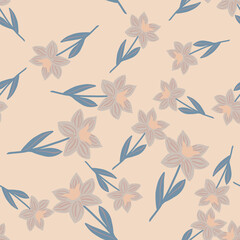 Random pastel seamless pattern with doodle folk flowers silhouettes ornament. Blue stems. Cute botany backdrop.