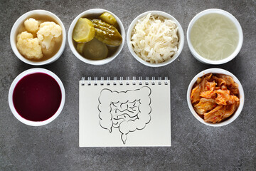 Natural probiotics for healthy bowel. Probiotic as sauerkraut, pickled cauliflower, pickled cucumber, sauerkraut juice, kimchi, beetroot leaven.