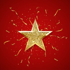 Gold glitter star with golden frame on red background with confetti and serpentine. Christmas ornament shiny emblem vector illustration. Bright creative abstract decoration element for celebration