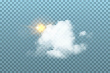 Cloud with sun in sky on blue transparent background. Realistic fluffy white object and sunshine vector illustration. Sunny and cloudy day in summer or spring, nature outdoor