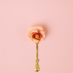 Layout of gold fork with rose flower against pastel pink background. Minimal creative celebration concept