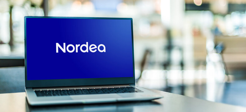Laptop computer displaying logo of Nordea