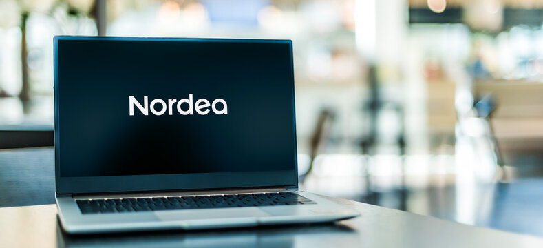 Laptop computer displaying logo of Nordea