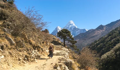 Vlies Fototapete Ama Dablam Tengboche, Nepal - Oktober 2018: Ama Dablam auf dem Weg zum Everest Base Camp, lokale Sherpa-Frau, die Wälder ins Dorf trägt, Landschaft in den Bergen, illustrativer Leitartikel