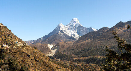 landscape in the himalayas, mount Ama Dablam, trekking and hiking in Nepal, Everest Base Camp trek
