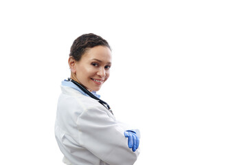 Side portrait of an attractive young doctor with stethoscope on his neck isolated on white background with copy space.