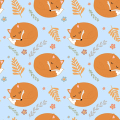 Lovely seamless pattern with cute foxes and flowers.