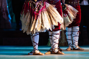 Closeup of ballerinas dancing. French style costume