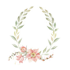 Easter wreath with primrose flowers and greenery branches. Vintage frame for invitations or postcards. Oval frame.