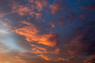 Clouds at sunset, amazing sky, nature background