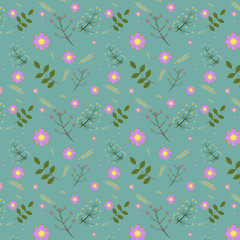 pattern with flowers and leaves on a blue background, spring illustration