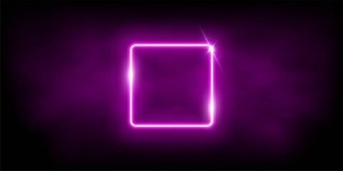 Glowing neon pink square with sparkles in fog abstract background. Electric light frame. Geometric fashion design vector illustration. Empty minimal art decoration.