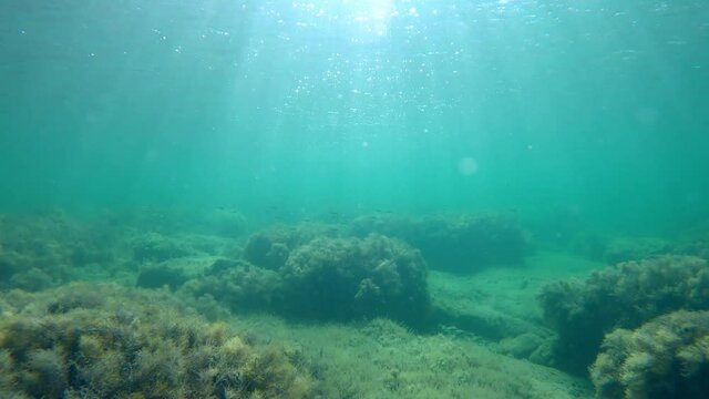 Underwater view with stones, bubbles and sun rays. Ocean water textures in underwater